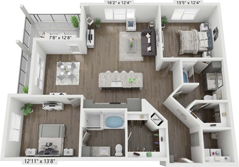 Floor plan for 2 beds, 2 baths, 1274 sqft