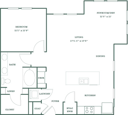 Floor plan for 1 bed, 1 bath, 884 sqft