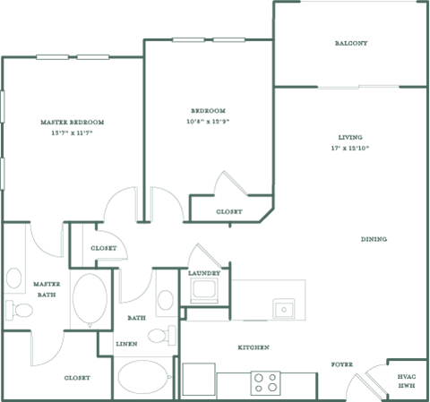 Floor plan for 2 beds, 2 baths, 1091 sqft