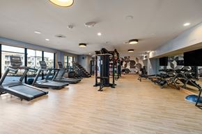 Raleigh apartment for rent - Fitness floor with treadmills, a functional trainer, benches, dumbbells, and a punching bag along a mirrored wall.