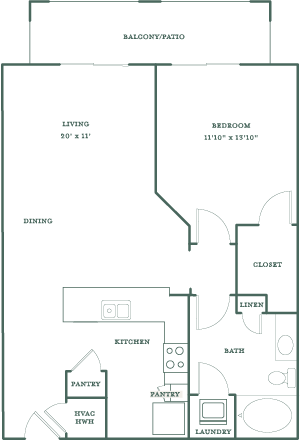 Floor plan for 1 bed, 1 bath, 850 sqft
