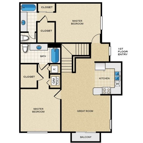 Floor plan for 2 beds, 2 baths, 1301 sqft