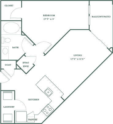 Floor plan for 1 bed, 1 bath, 722 sqft