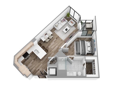 Floor plan for 1 bed, 1 bath, 676 sqft