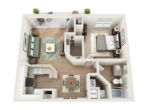 Floor plan for 1 bed, 1 bath, 718 sqft