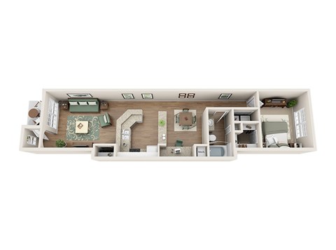 Floor plan for 1 bed, 1 bath, 864 sqft