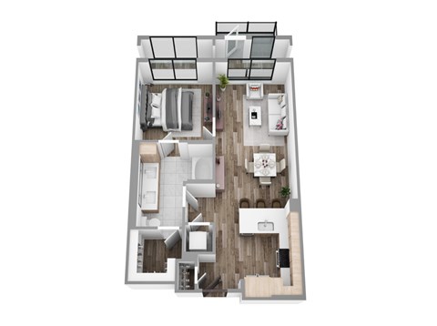 Floor plan for 1 bed, 1 bath, 733 sqft