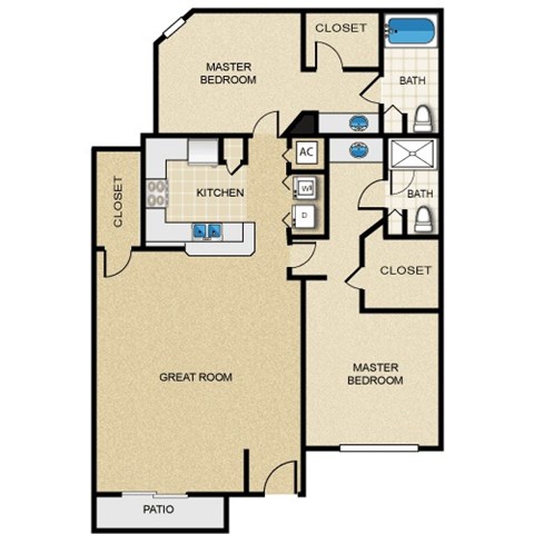 Floor plan for 2 beds, 2 baths, 1353 sqft