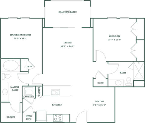 Floor plan for 2 beds, 2 baths, 1060 sqft