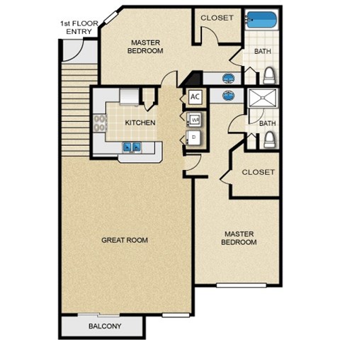Floor plan for 2 beds, 2 baths, 1373 sqft