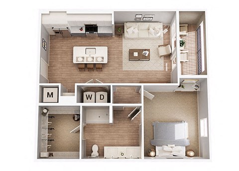Floor plan for 1 bed, 1 bath, 858 sqft