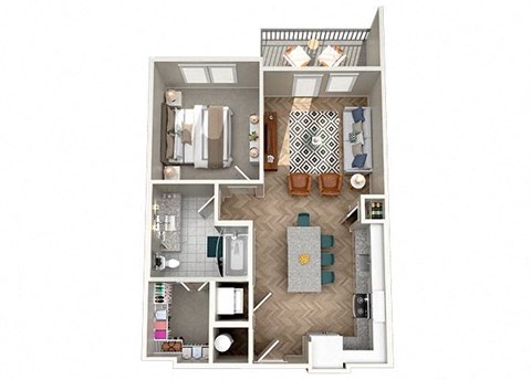 Floor plan for 1 bed, 1 bath, 728 sqft