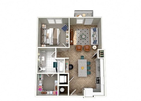 Floor plan for 1 bed, 1 bath, 765 sqft