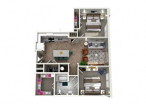 Floor plan for 2 beds, 1 bath, 939 sqft