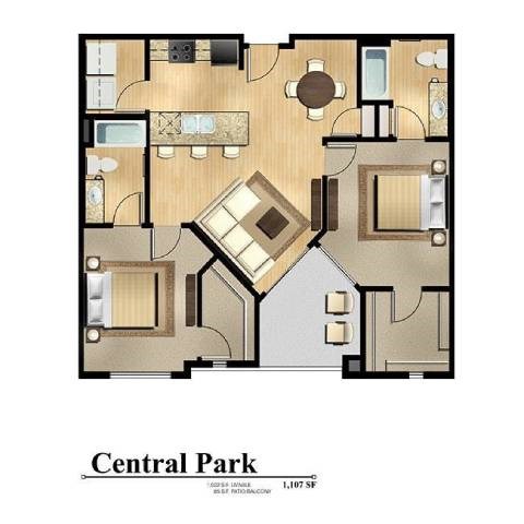Floor plan for 2 beds, 2 baths, 1022 sqft