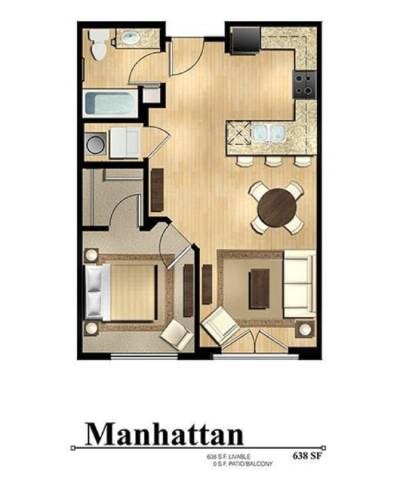 Floor plan for 1 bed, 1 bath, 627 sqft