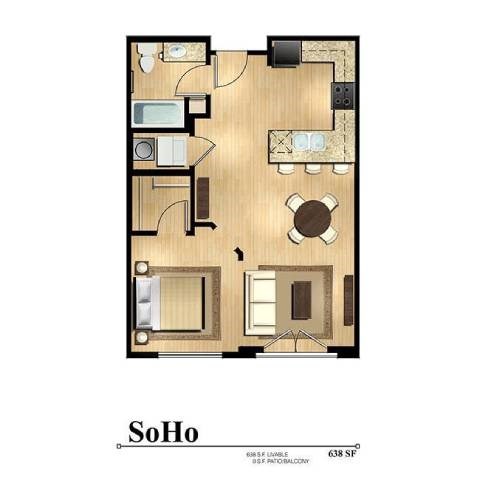 Floor plan for studio, 1 bath, 638 sqft