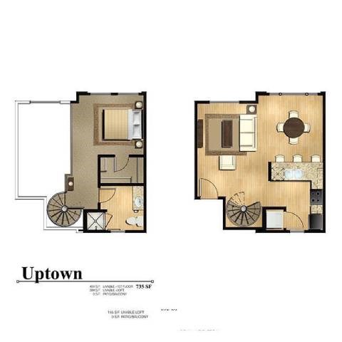 Floor plan for 1 bed, 1 bath, 735 sqft