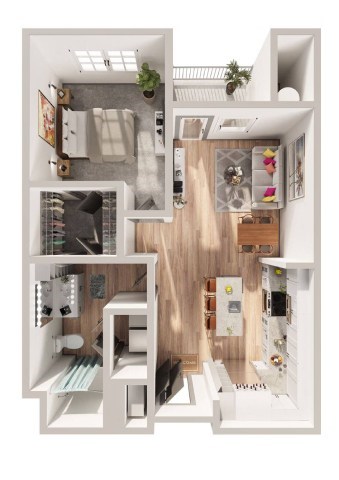Floor plan for 1 bed, 1 bath, 748 sqft