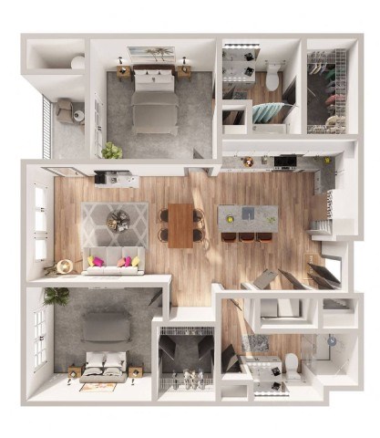 Floor plan for 2 beds, 2 baths, 1134 sqft