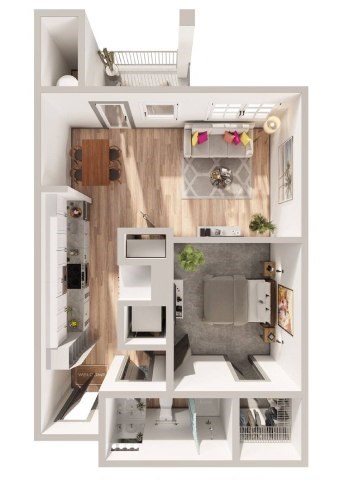 Floor plan for 1 bed, 1 bath, 691 sqft