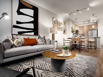Salem apartment for rent - A modern living room with a grey couch, a coffee table, and a large abstract painting on the wall.