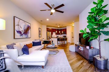 Raleigh apartment for rent - A living room with a white couch and a ceiling fan.
