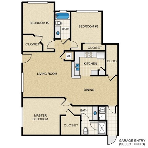 Floor plan for 3 beds, 2 baths, 1449 sqft