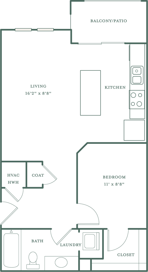 Floor plan for studio, 1 bath, 643 sqft