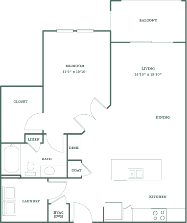 Floor plan for 1 bed, 1 bath, 887 sqft