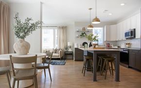 Cary apartment for rent - Picturesque open kitchen area with modern island and charcoal color cabinets at Novel Cary