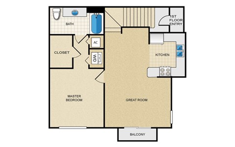 Floor plan for 1 bed, 1 bath, 933 sqft