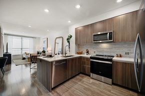 Walnut Creek apartment for rent - Sleek open kitchen with quartz counters and ample cabinetry that flows into a bright living area