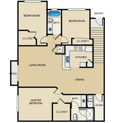 Floor plan for 3 beds, 2 baths, 1543 sqft