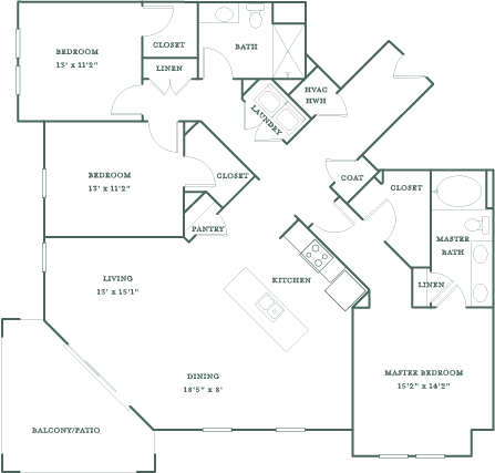 Floor plan for 3 beds, 2 baths, 1594 sqft