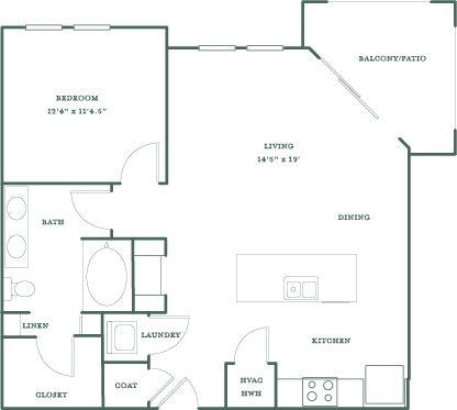 Floor plan for 1 bed, 1 bath, 802 sqft