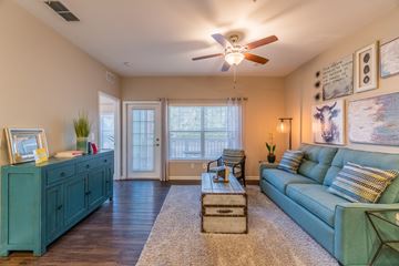 Jacksonville apartment for rent - A living room with a green couch and a wooden floor.