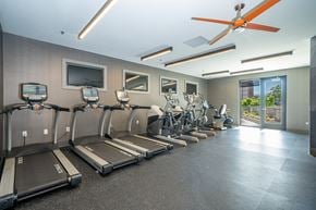 Bayonne apartment for rent - A gym with treadmills, exercise bikes, and a ceiling fan.