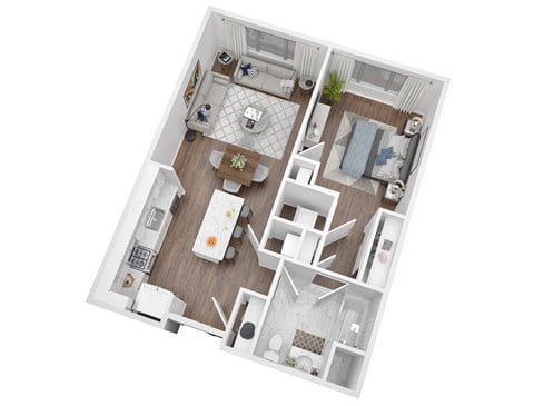 Floor plan for 1 bed, 1 bath, 728 sqft