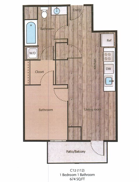 Floor plan for 1 bed, 1 bath, 731 sqft