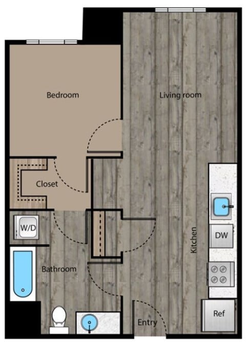 Floor plan for 1 bed, 1 bath, 707 sqft