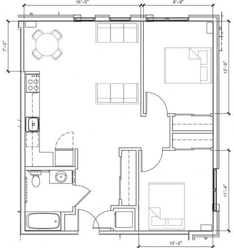 Floor plan for 2 beds, 1 bath, 842 sqft