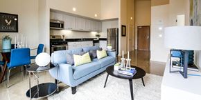Emeryville apartment for rent - staged living room with view of kitchen