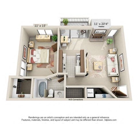 Floor plan for 1 bed, 1 bath, 662 sqft