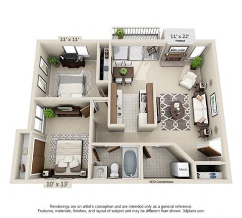 Floor plan for 2 beds, 1 bath, 856 sqft
