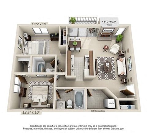 Floor plan for 2 beds, 2 baths, 954 sqft