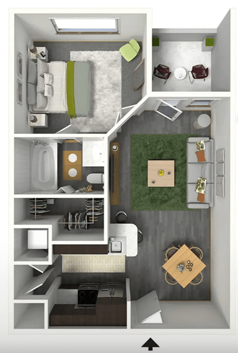 Floor plan for 1 bed, 1 bath, 567 sqft