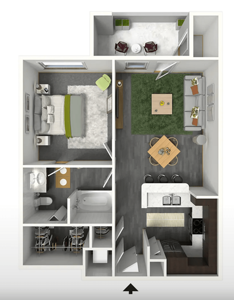 Floor plan for 1 bed, 1 bath, 640 sqft
