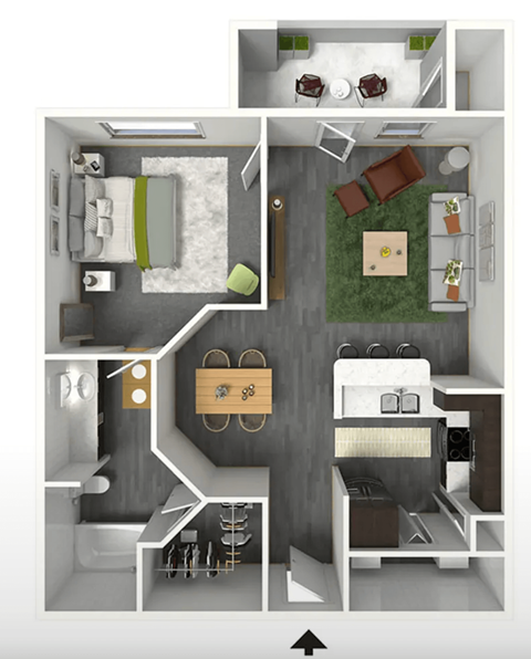 Floor plan for 1 bed, 1 bath, 715 sqft