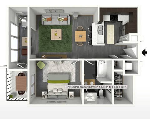 Floor plan for 1 bed, 1 bath, 717 sqft